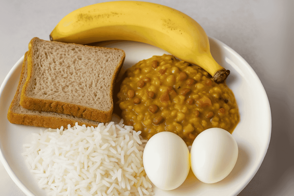 Nutritious hostel meal with rice, dal, eggs, and vegetables showing how to gain weight in hostel naturally