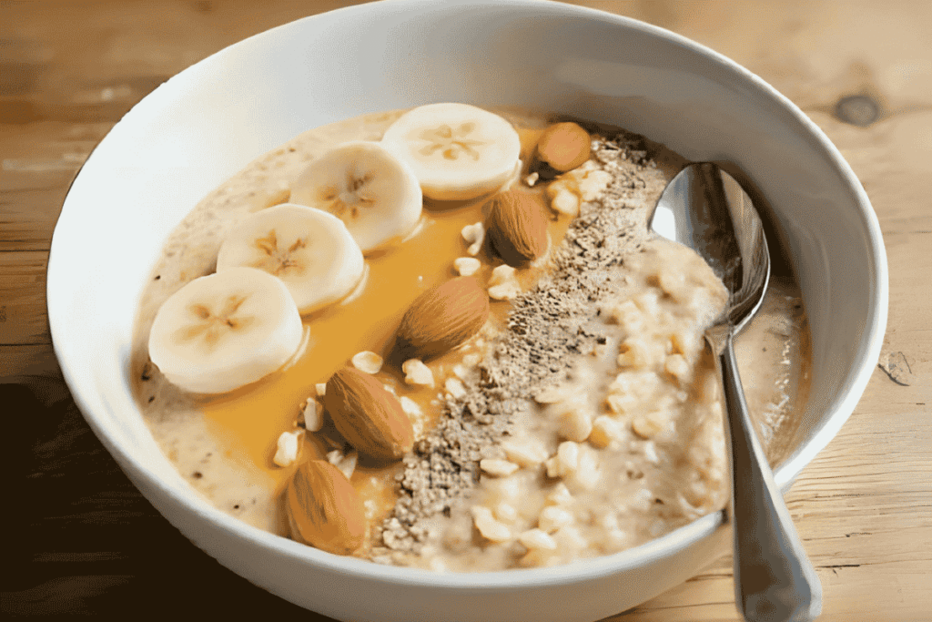 Healthy oats bowl topped with honey, nuts, and banana slices, showing how to use oats for weight gain naturally