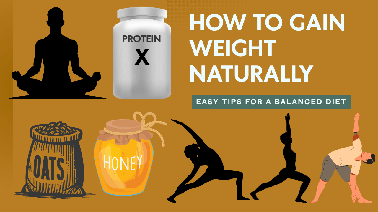 A healthy mix of hostel foods, protein shake, vegan meals, and yoga elements illustrating proven ways to gain weight naturally