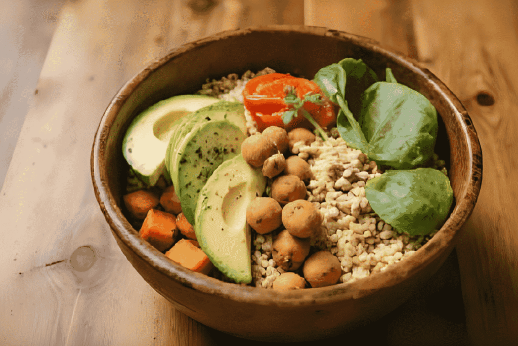 Colorful vegan bowl with quinoa, tofu, chickpeas, and nuts showing how to gain weight on a vegan diet naturally.